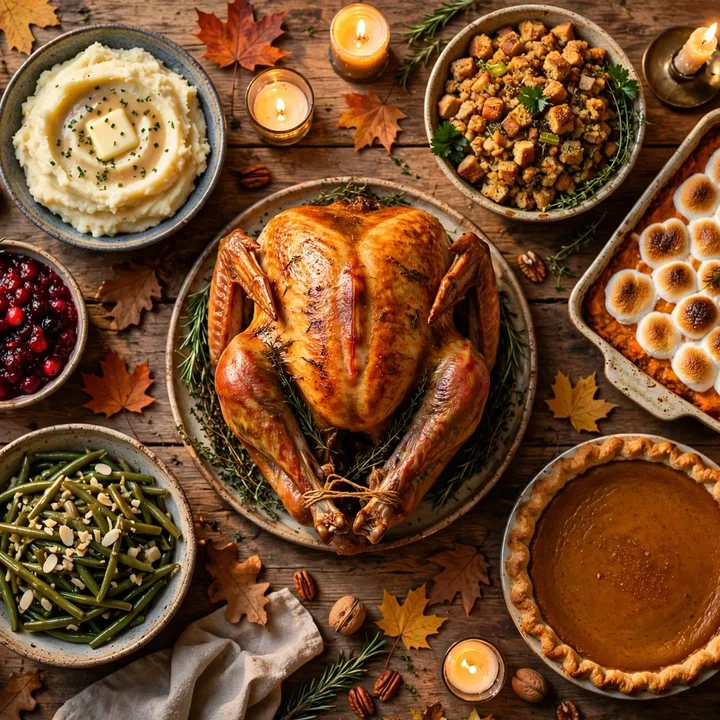 A Thanksgiving table from above — roast turkey, mashed potatoes, stuffing, cranberry sauce, green beans and pumpkin pie by candlelight