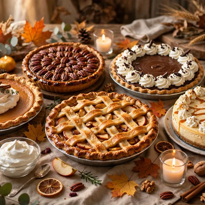The Sweet Finish — a dessert table of lattice apple pie, pecan pie, chocolate cream pie, pumpkin pie and caramel cheesecake by candlelight