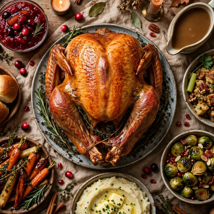 The Turkey & The Mains — a glistening roast turkey with cranberry sauce, gravy, carrots and Brussels sprouts