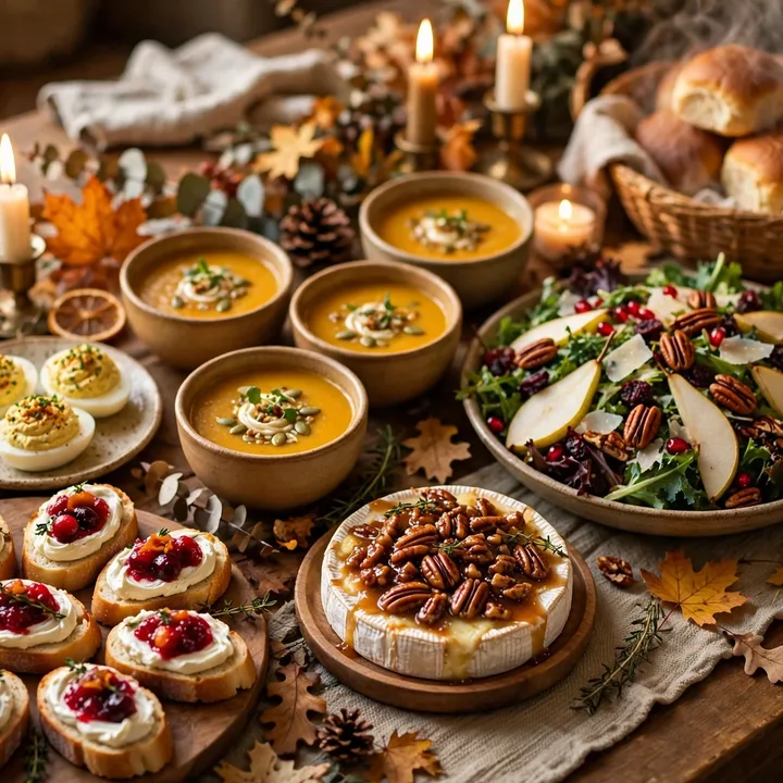 The Openers & The Breads — an opening table of squash soups, devilled eggs, cranberry crostini, baked brie, pear and pecan salad and a basket of dinner rolls by candlelight
