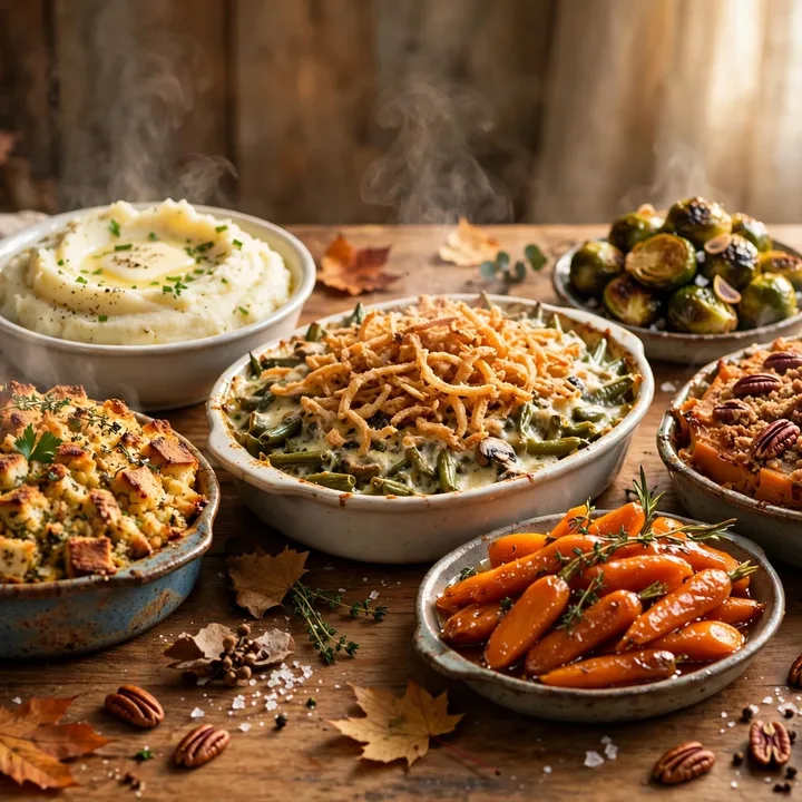 The Sides — a Thanksgiving sideboard of mashed potatoes, green bean casserole, stuffing, glazed carrots, Brussels sprouts and sweet potato casserole